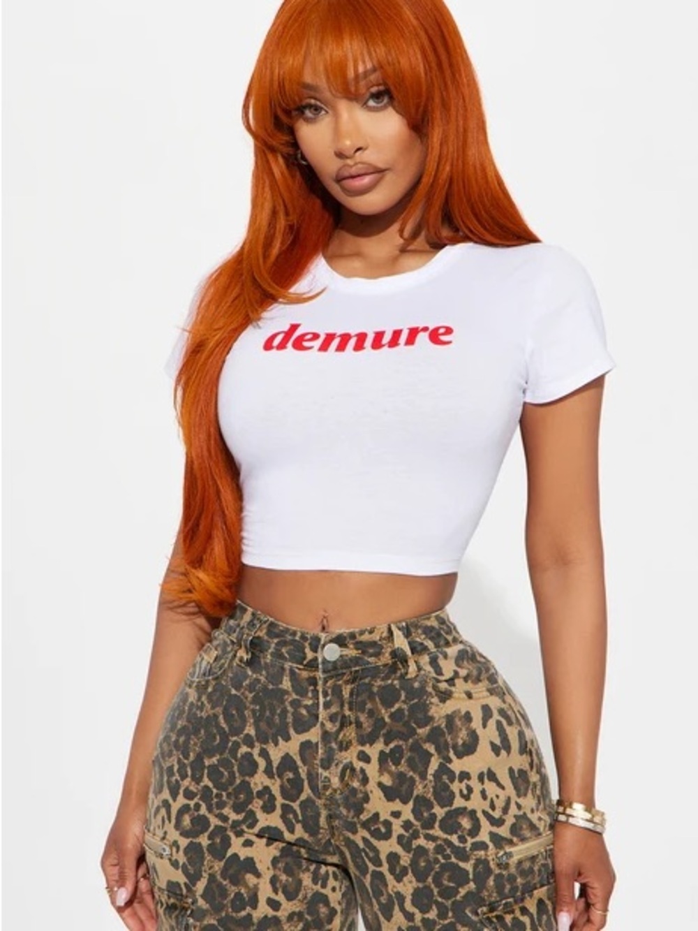 Fashion Nova White Crop Tee with Red Demure Logo- Size XL